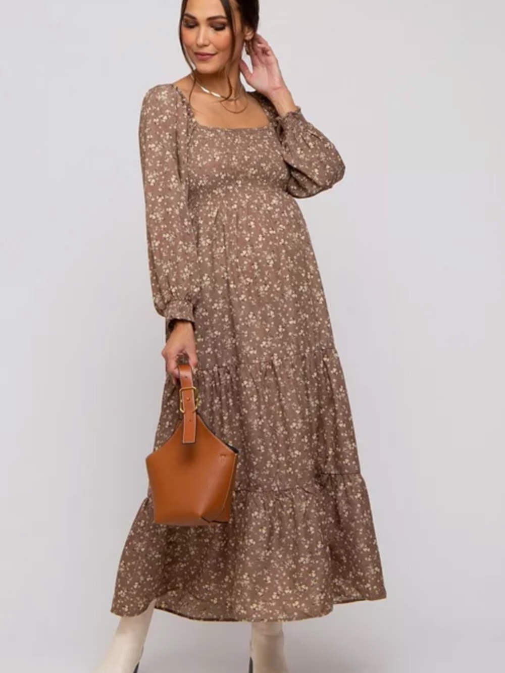 Maternity Cream Floral Smocked Long Sleeve Maxi Dress